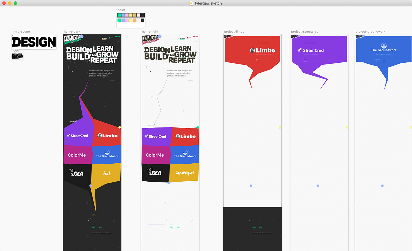 A screenshot of a messy Sketch document showing the current status of this site’s design realign